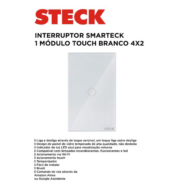 INTERRUPTOR SMARTECK 4X2" 1 MÓDULO TOUCH BCO 