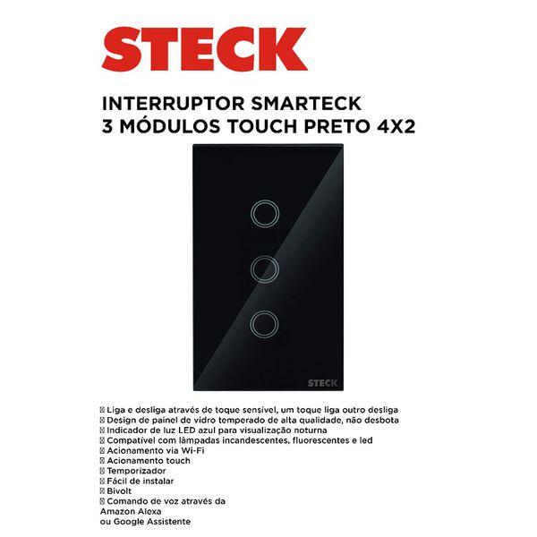 INTERRUPTOR SMARTECK 4X2" 3 MÓDULOS TOUCH PTO 
