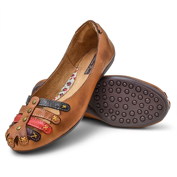 Sapatilha Feminina Couro Whisky e Colorido Bico Redondo 3001