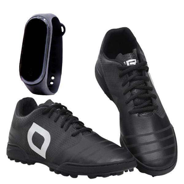 Kit Chuteira Confort Futebol para Grama Preto e Branco + Relogio DIGITAL