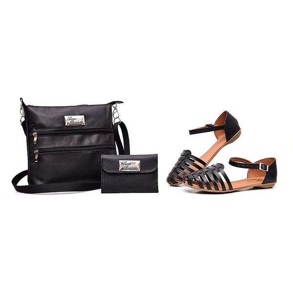 Kit Lana Pimenta Bolsa Transversal, Sandalia Feminina e Carteira de Couro Preto