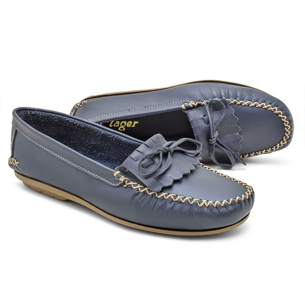 Mocassim Feminino Marinho Couro Conforto Casual Ortopédico