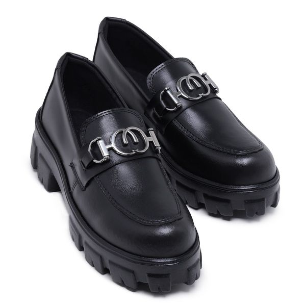 Mocassim Feminino Preto Couro Confort Sola Tratorada Moderno Strak