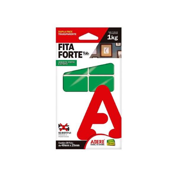 Fita Dupla Face 40X25mm FITA FORTE Transparente com 20 tabs - ADERE 
