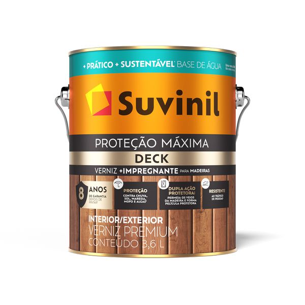 Verniz Acetinado Natural Base Água 3,6 Litros - DECK - PROTEÇÃO MÁXIMA - SUVINIL 
