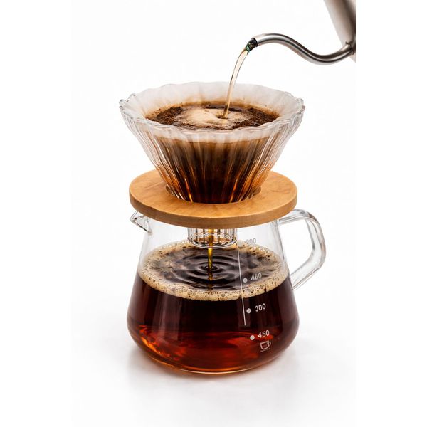 Pour Over 600ml em vidraria com suporte de madeira