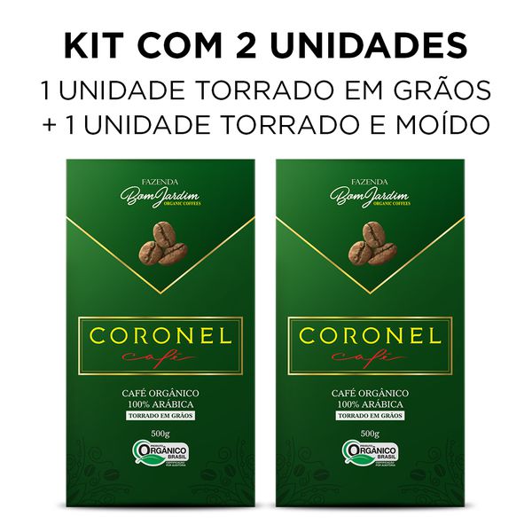 Kit 2 Unidades Coronel Café Orgânico - 1 unidade Torrado e Moído + 1 unidade Torrado em Grãos - 500g
