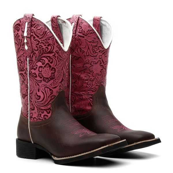 Bota Texana Feminina Crazy Horse Café/Floral Rosa