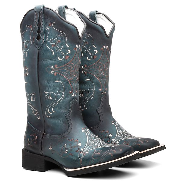 Bota Texana Feminina Bordado 902 Fóssil/Azul