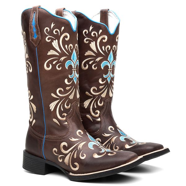 Bota Texana Feminina Bordado 910 Azul/Crazy Horse café