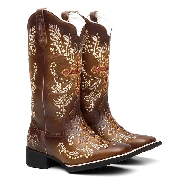 Bota Texana Feminina Bordado 914 Fóssil/Castanho
