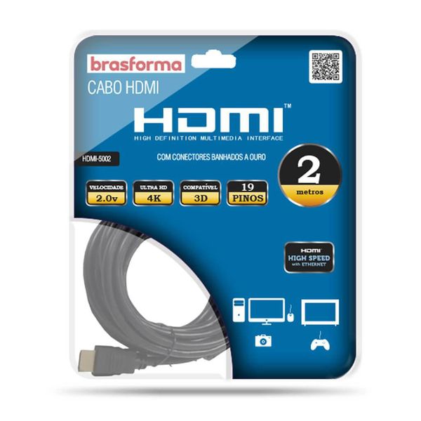 CABO HDMI 2.0 4K 3D 1080P 19+1 PINOS - 2M BRASFORMA