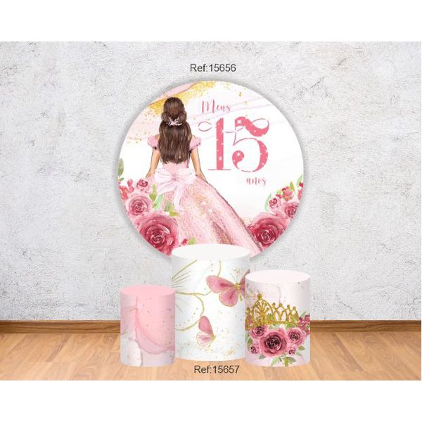 Kit 15 Anos Painel 1,50 + 3 Cilindros Tecido C/elástico