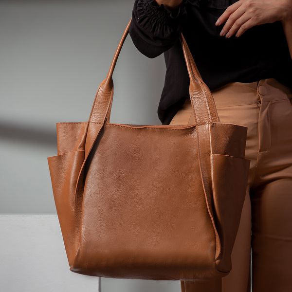 Maxi Bolsa Feminina em Couro Legítimo de Ombro e Transversal com 2 bolsos - Caramelo
