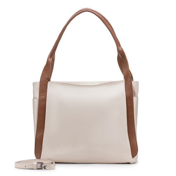 Maxi Bolsa Feminina em Couro Legítimo de Ombro e Transversal com 2 bolsos - Off white e Caramelo