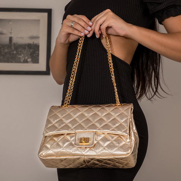 Bolsa Transversal Feminina Matelassê em Couro Alça de corrente Dourada - Ouro Light