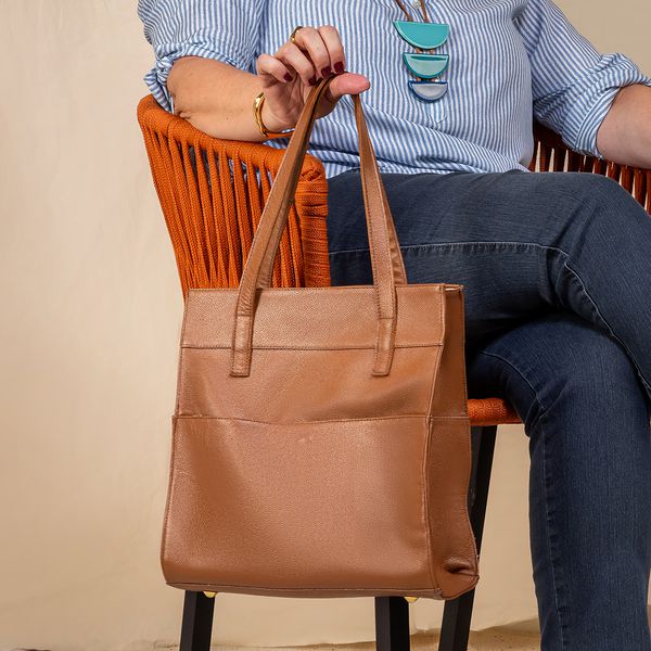 Bolsa Feminina Couro Legítimo Bolsos Externos Grande Caramelo
