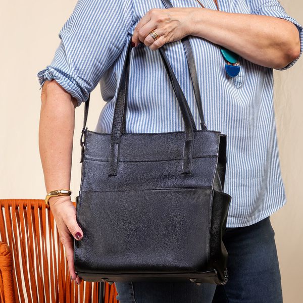 Bolsa Feminina Couro Legítimo Bolsos Externos Grande Preta