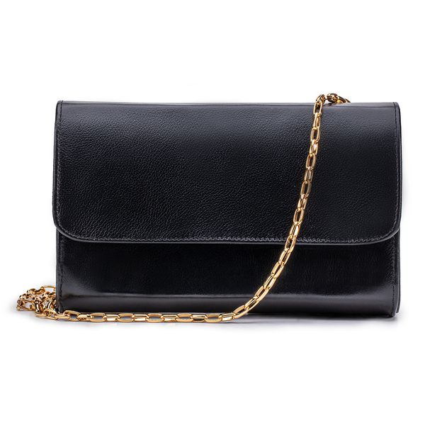 Bolsa Clutch Metalizada em Couro Tiracolo - Preta com Alça Dourada