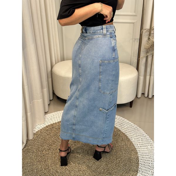Saia jeans sale midi morena rosa