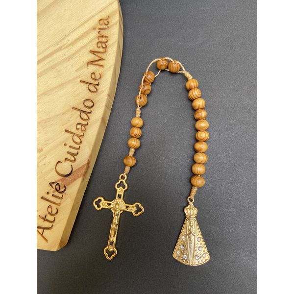 Terço compacto - Nossa Senhora com strass - Madeira 