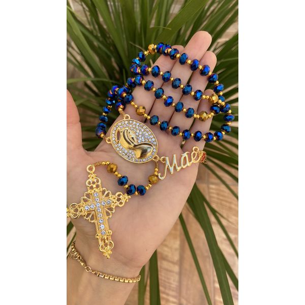 Terço Nossa Senhora - Metal cravejado e Cristais azul