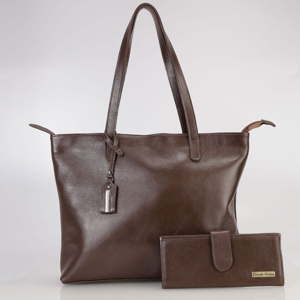  kIT Bolsa Feminina Grande sacola couro legitimo E Carteira chocolate ref:DM-25B 