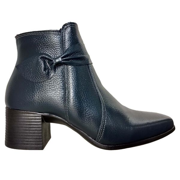 Bota Feminina cano baixo com zíper em Couro Azul Marinho com Salto