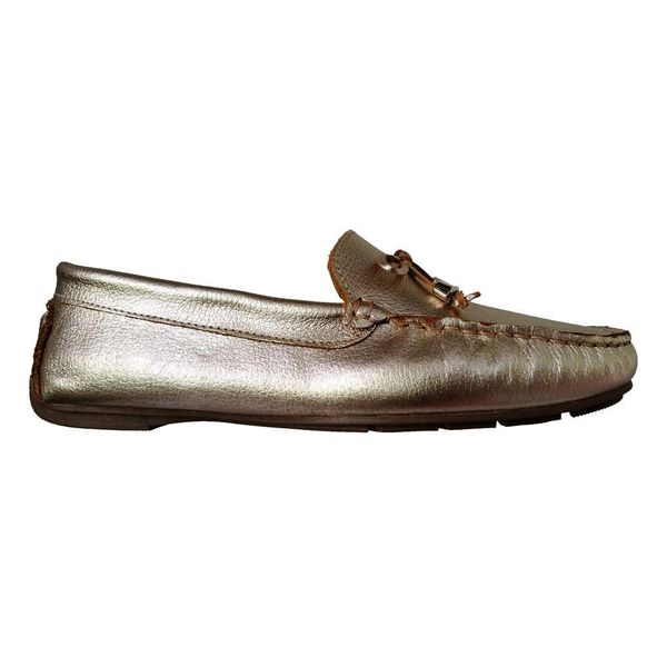 Mocassim Feminino Couro Legítimo Ouro Branco / Laço