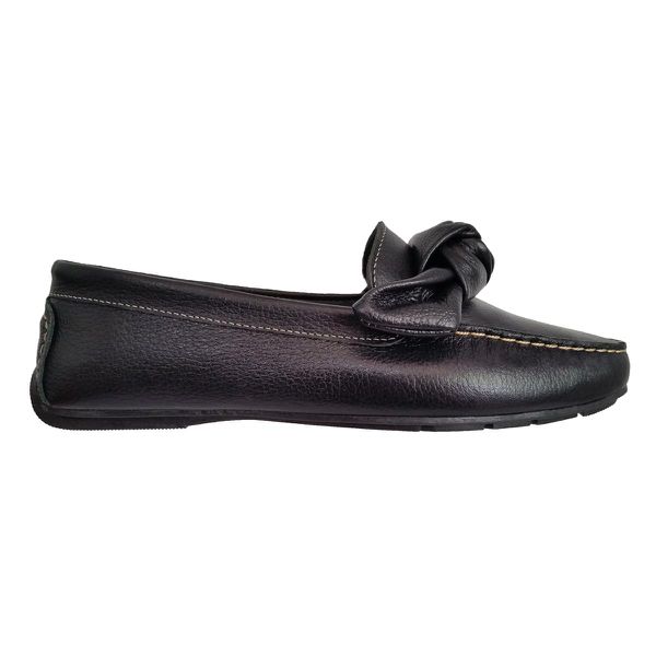 Sapato Mocassim Feminino Couro Preto Pesponto