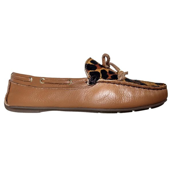 Sapato Mocassim Feminino Couro Legítimo Capuccino / Animal Print Laço pesponto