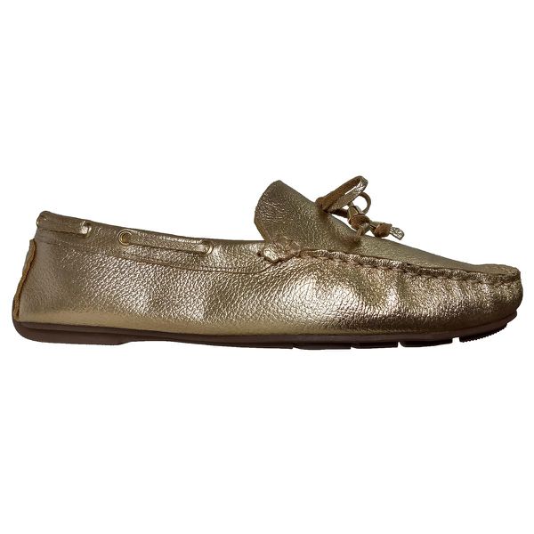 Sapato Mocassim Feminino Couro Legítimo Ouro Branco Laço pesponto