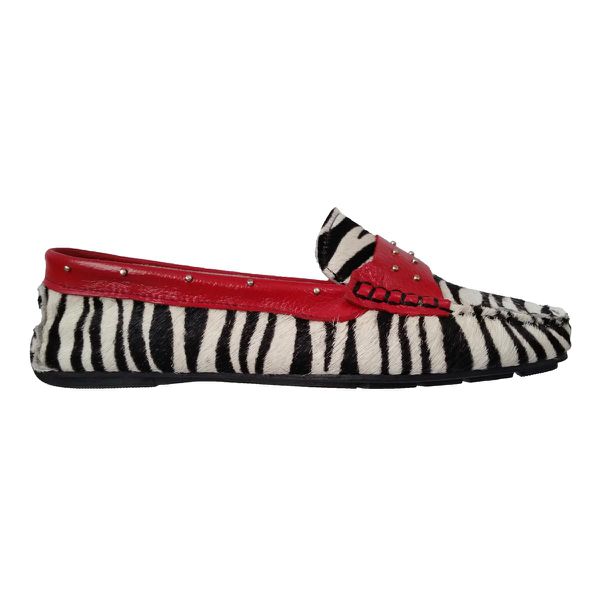 Sapato Mocassim Feminino Couro Legítimo Zebra / Vermelho