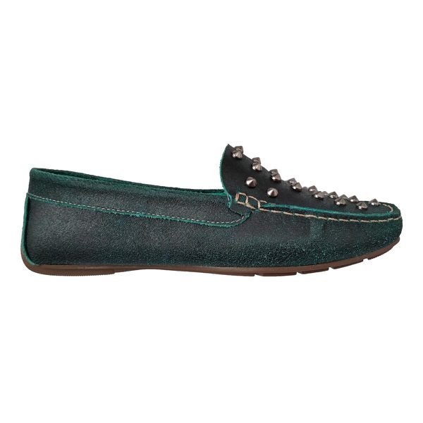 Sapato Mocassim Feminino Couro Legítimo Verde Spikes Pesponto