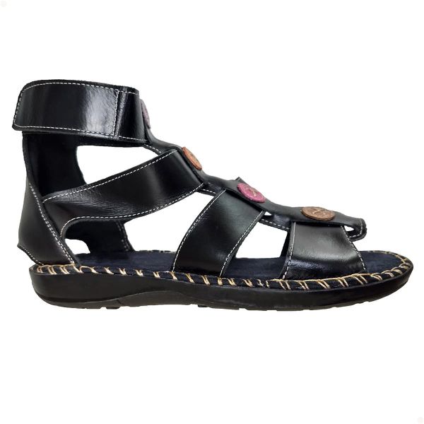 Sandália Gladiadora Feminina Couro Legítimo Preto Velcro Pesponto