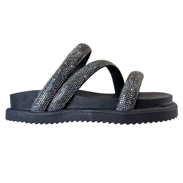 Sandália feminina tiras sintético Preto e Onix strass