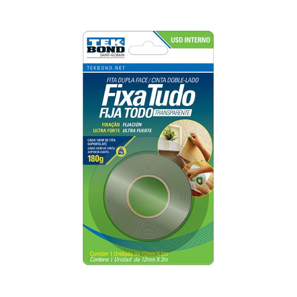 Fita Dupla Face Fixa Tudo Transparente 12mm X 2m Tekbond