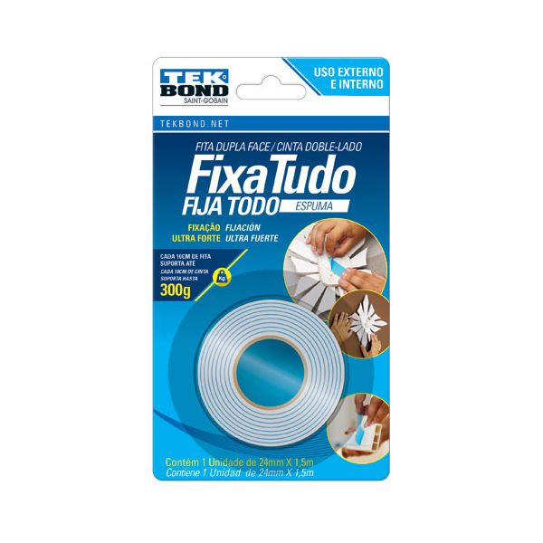 Fita Dupla Face Fixa Tudo Espuma Branca 12mm X 1,5m Tekbond