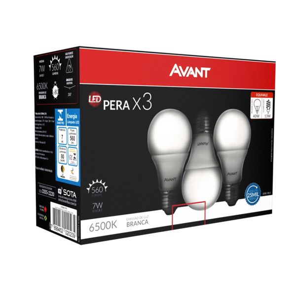 LAMPADA LED BULBO 7W E27 BIVOLT 6500K PACK3 AVANT