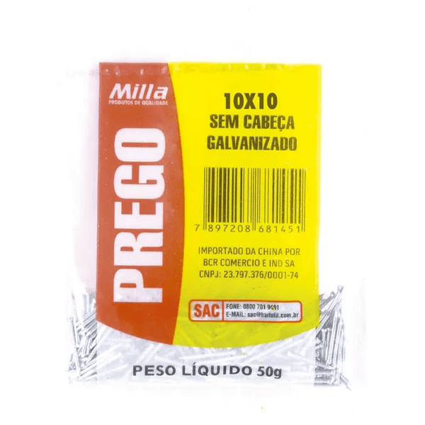 Prego Galvanizado 10x10 50g Sem Cabeça Milla