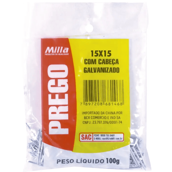 Prego Galvanizado 15x15 100g Com Cabeça Milla