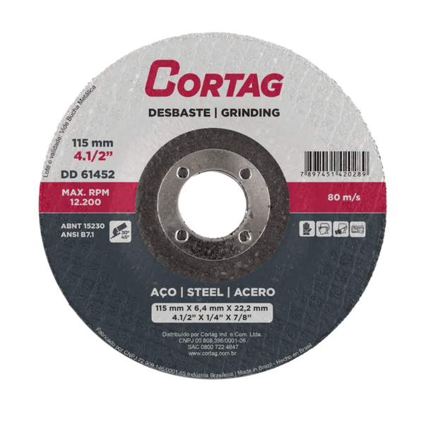 Disco de Corte Desbaste 115 Mm 4.1/2x1/4 7/8" Cortag