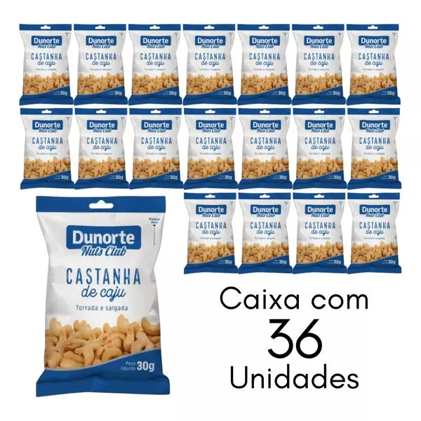 Castanha De Caju Torrada E Salgada Dunorte Em Sachê De 30g Caixa Com 36 Unidades Para Hotel Pousada