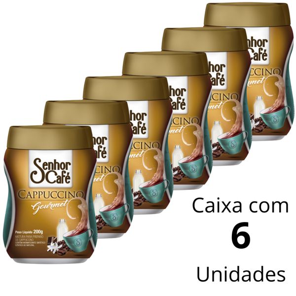  Kit 6 Potes De Cappuccino Senhor Café GOURMET Premium Tradicional De 200g Pó Soluvel Em Agua e Leite