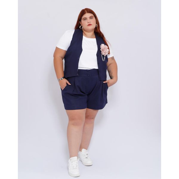 Short Botões 2.0 Linho com Elastano Azul - Plus Size