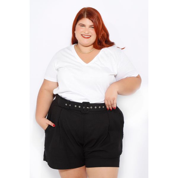 Short Botões Linho com Elastano Preto - Plus Size