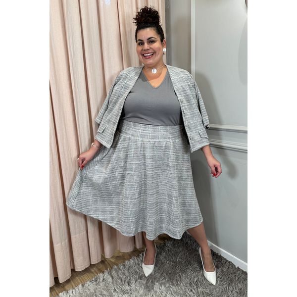 Saia Brilho Tweed Xadrez - Plus Size