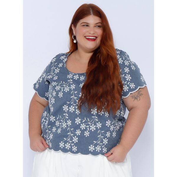 Blusa Azul Bordada Plus Size DELPHINA