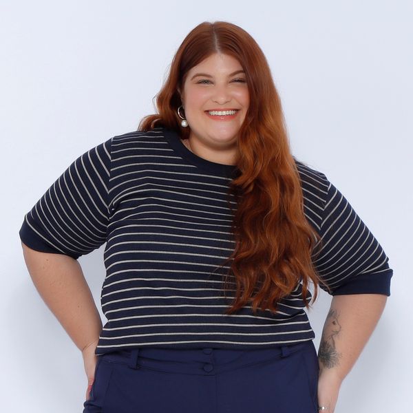 Blusa Moletinho Manga 3/4 Azul Listrada - Plus Size