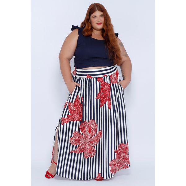 Saia Longa Viscose Listrada Floral - Plus Size